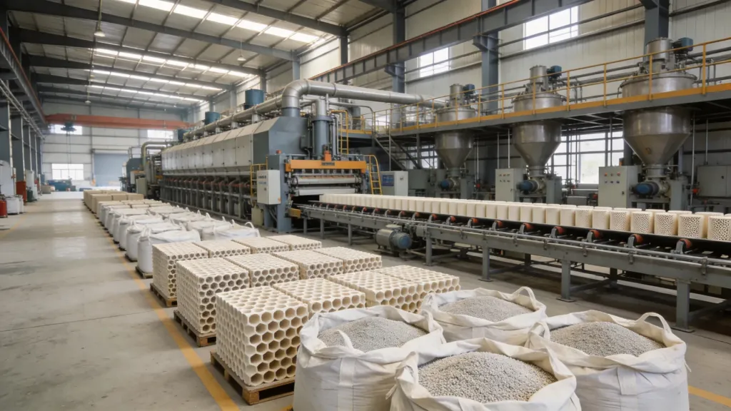 Modern catalyst and adsorbent manufacturing workshop with production machinery