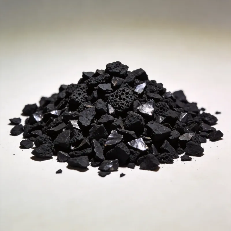 Pile of black irregular coconut shell activated carbon granules