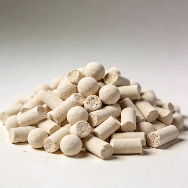 Pile of light beige 13X molecular sieve zeolite pellets